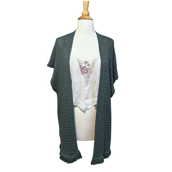 MARGARET O’LEARY Green Crocheted Open Fringe Cardigan Loose Knit Boho Size Small - Picture 3 of 11